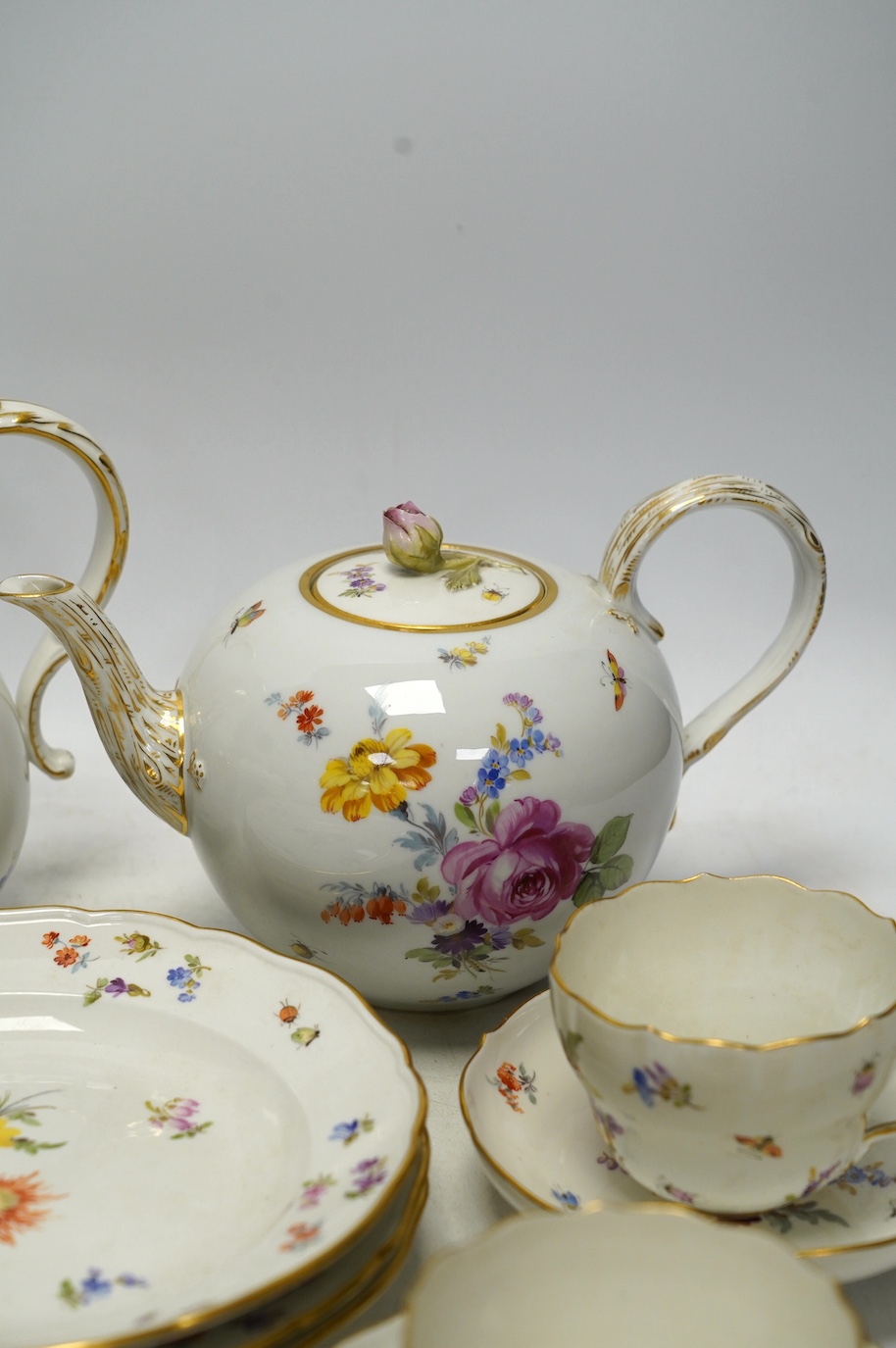 An early 20th century Meissen porcelain teaset, painted with insect and floral decoration, tallest 20cm. Condition - fair to good